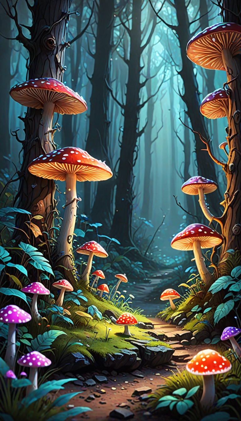 enchanted forest with glowing mushrooms