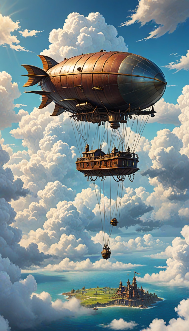 steampunk airship above a cloud sea
