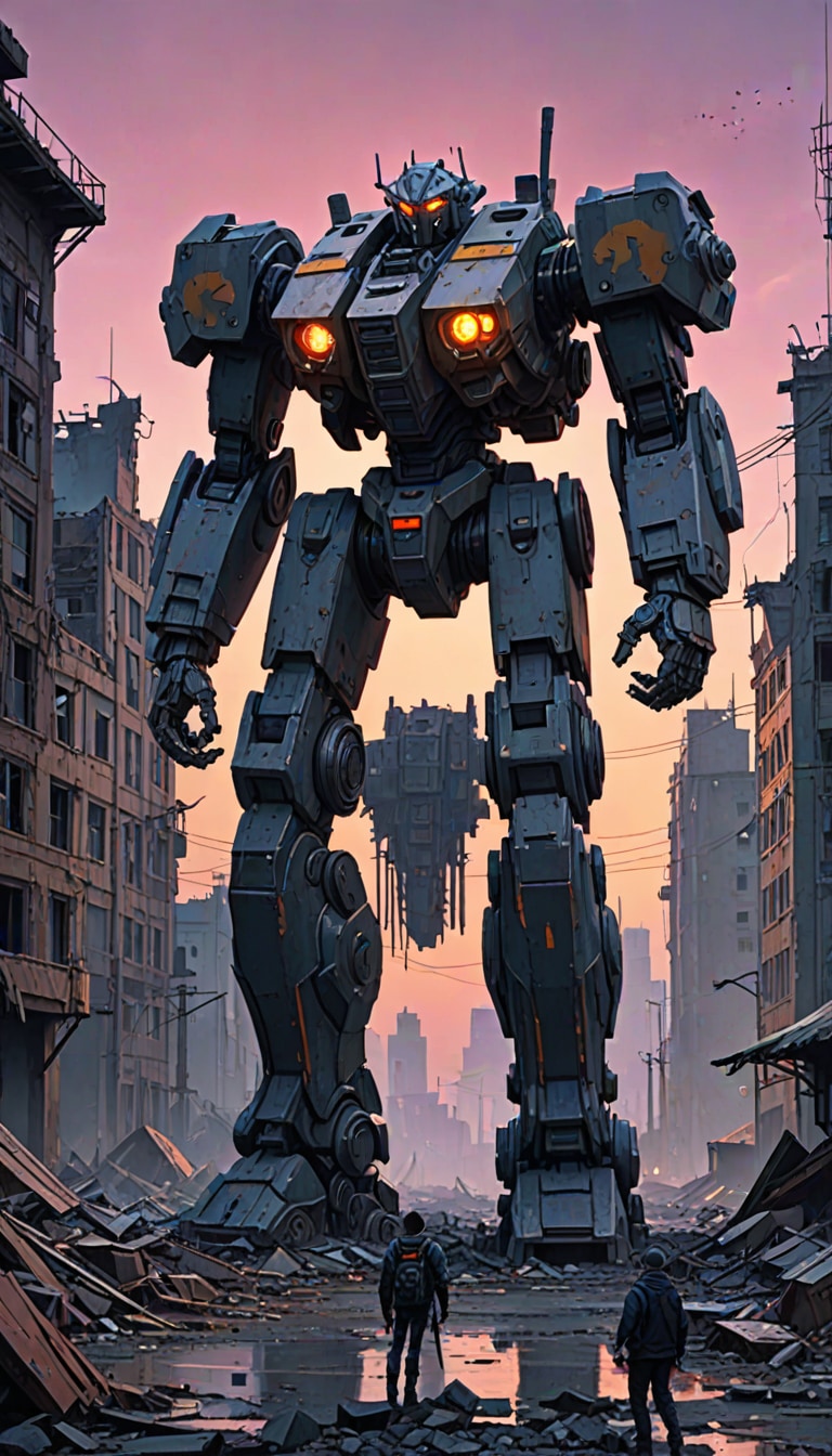 giant mech standing in a ruined city at dusk