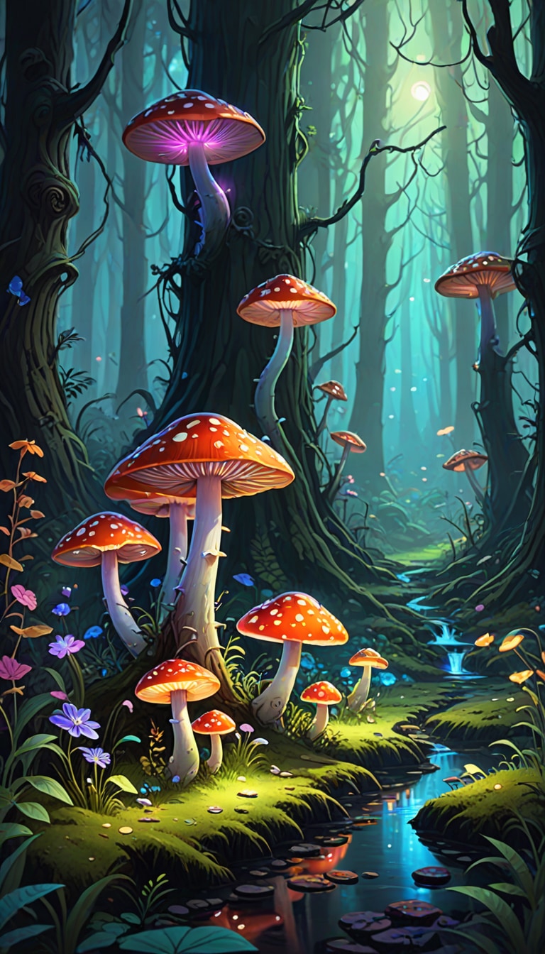 enchanted forest with glowing mushrooms