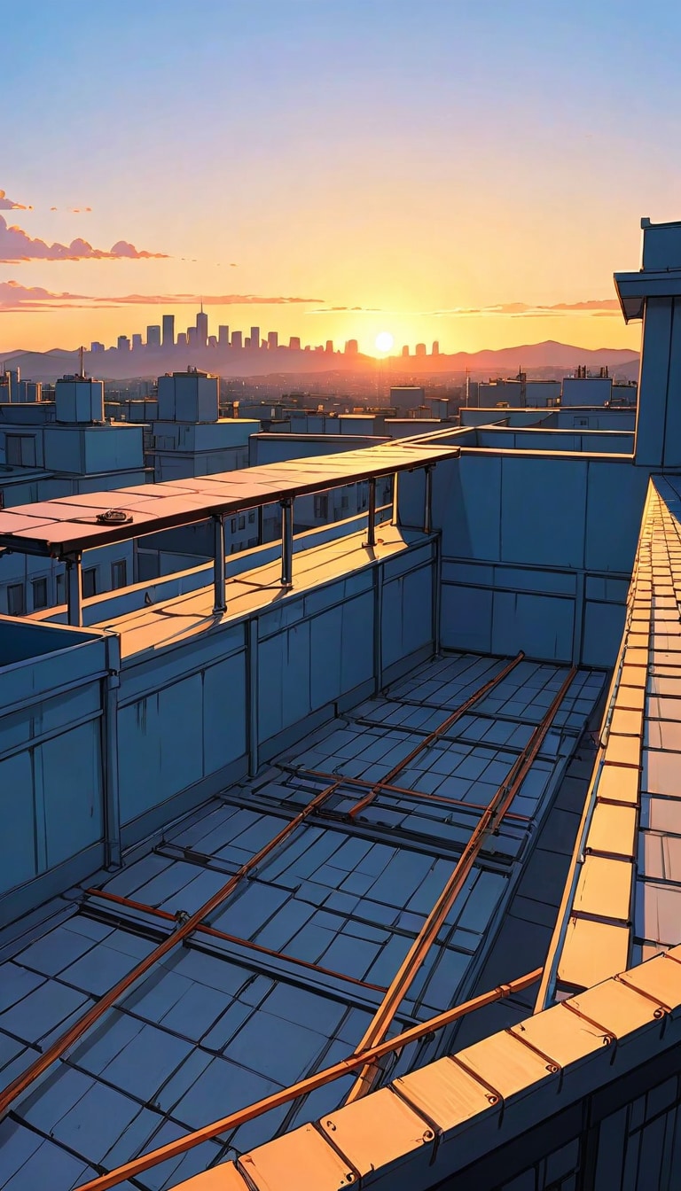 school rooftop overlooking the city at golden hour