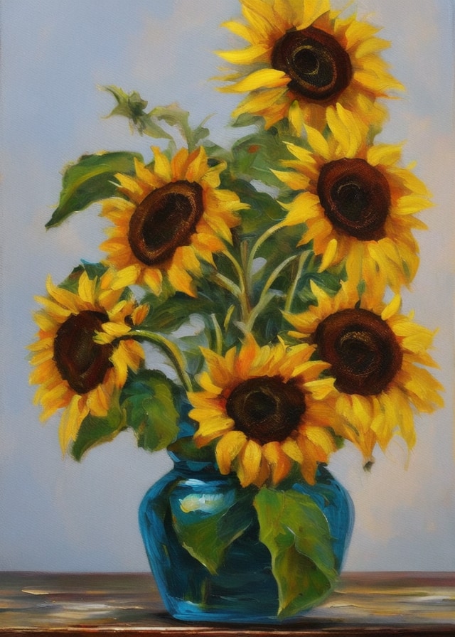 vase of sunflowers on a rustic table