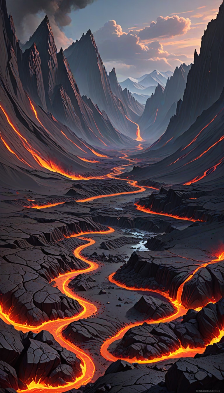 volcanic wasteland with lava rivers