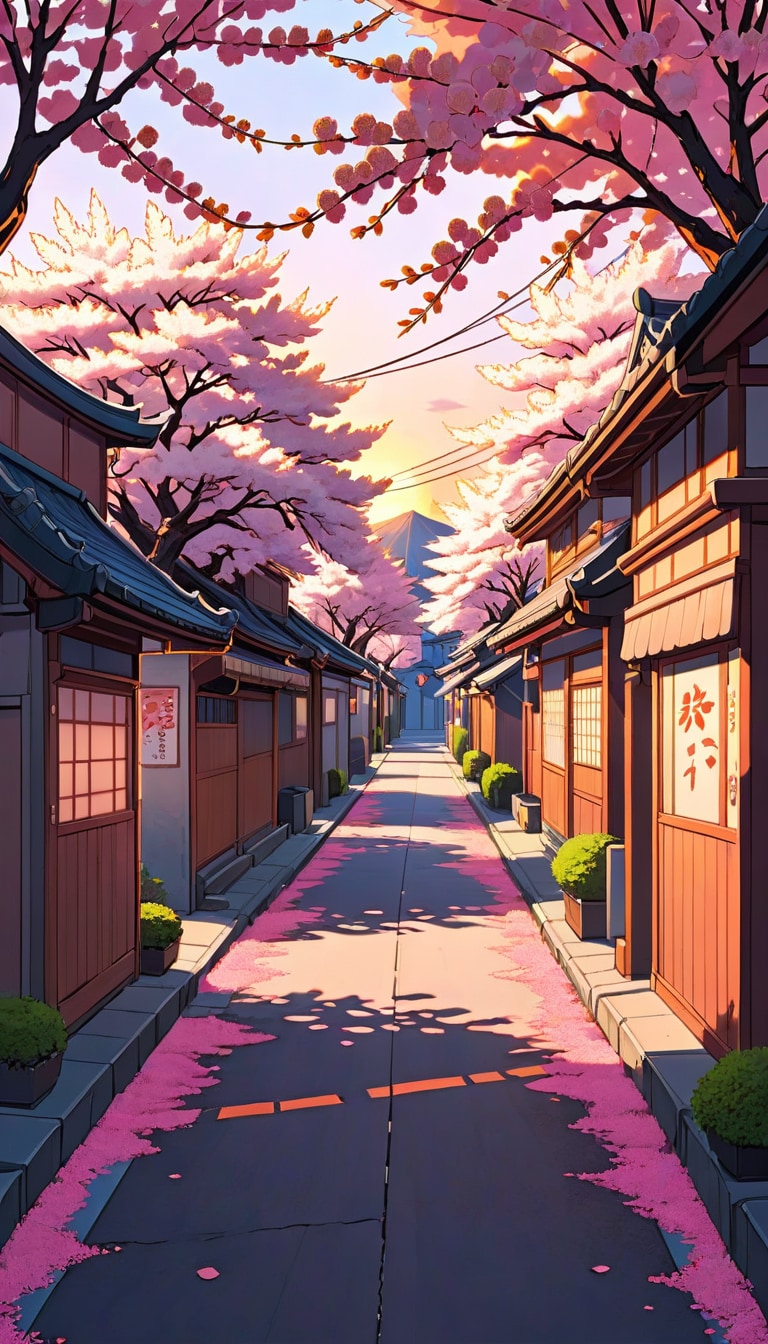 cherry blossom street at sunset