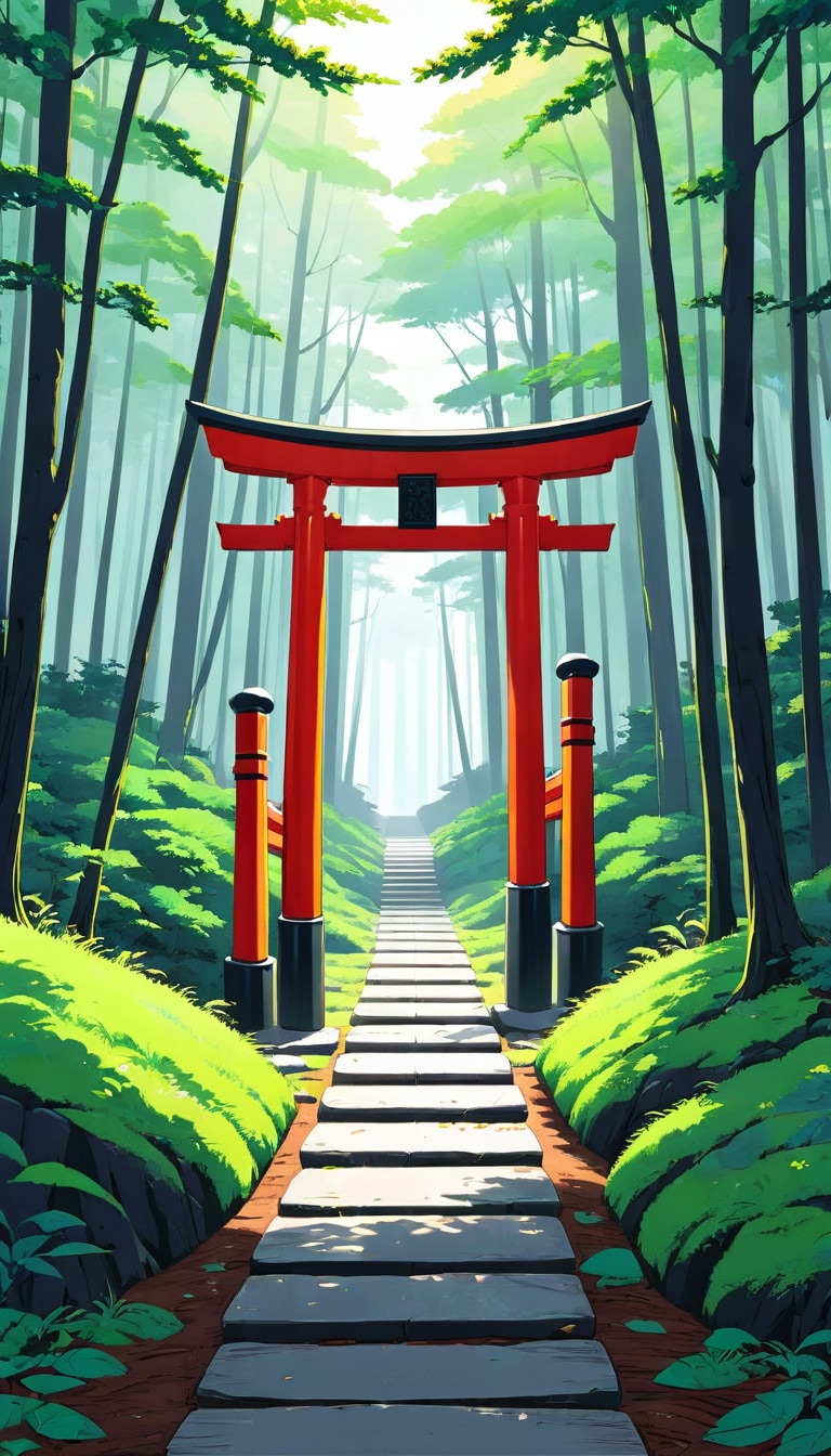 torii gate path through a misty forest