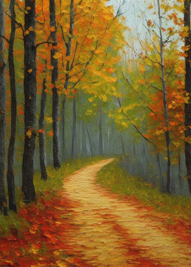 autumn forest path with falling leaves