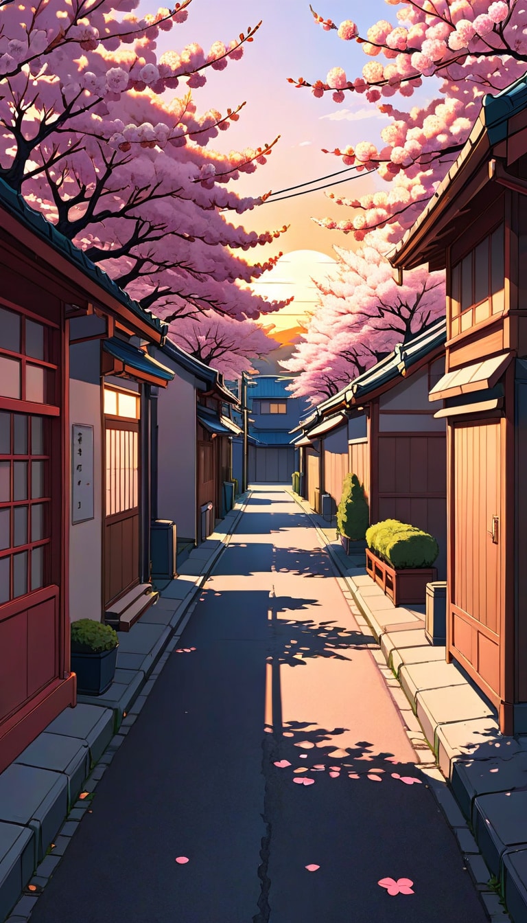 cherry blossom street at sunset