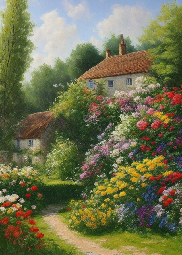 countryside cottage with a garden in bloom