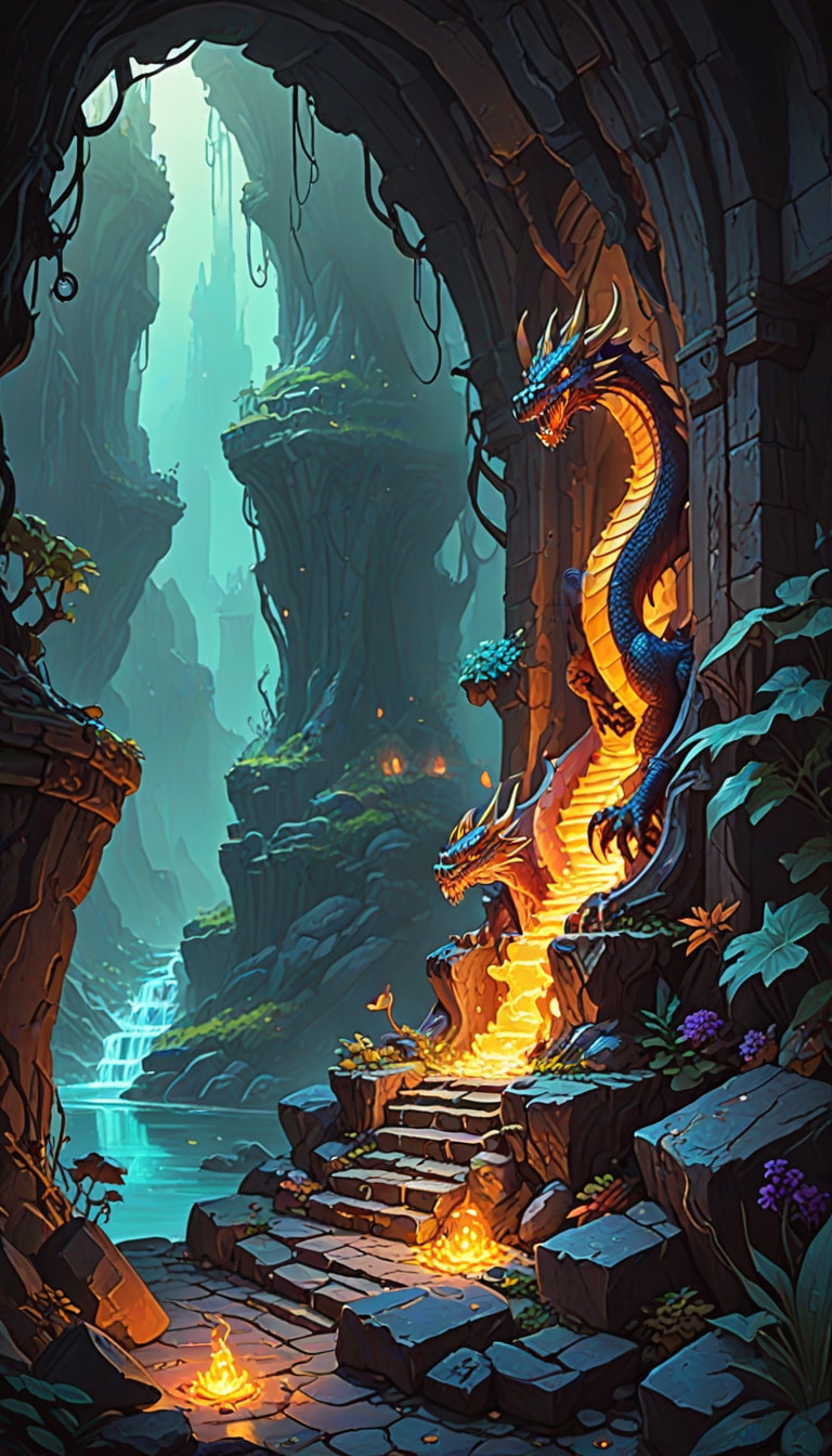 dragon's lair filled with glowing treasure