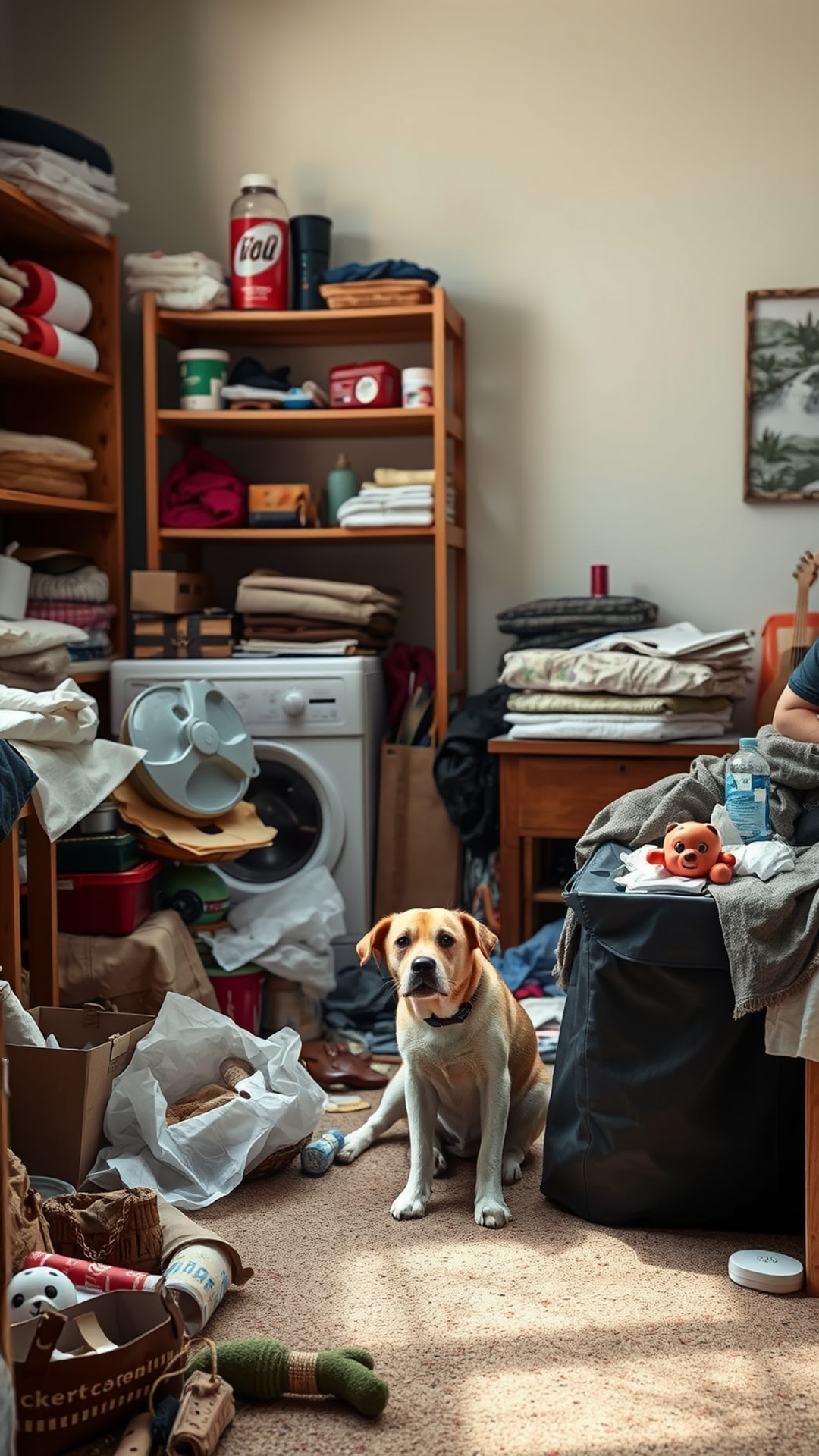 AI-generated funny Snapchat photo featuring messy room, 1080 by 1920 portrait