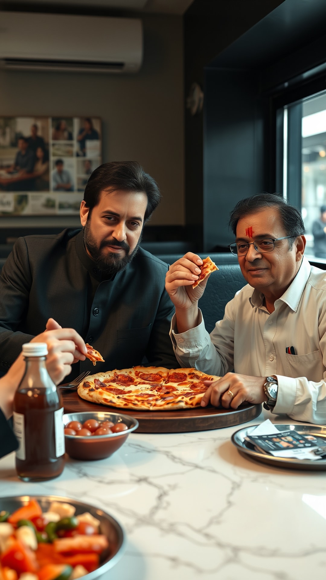 AI-generated food & drinks Snapchat streak snap featuring Imran Khan and Sharif family eating pizza, 1080 by 1920 portrait
