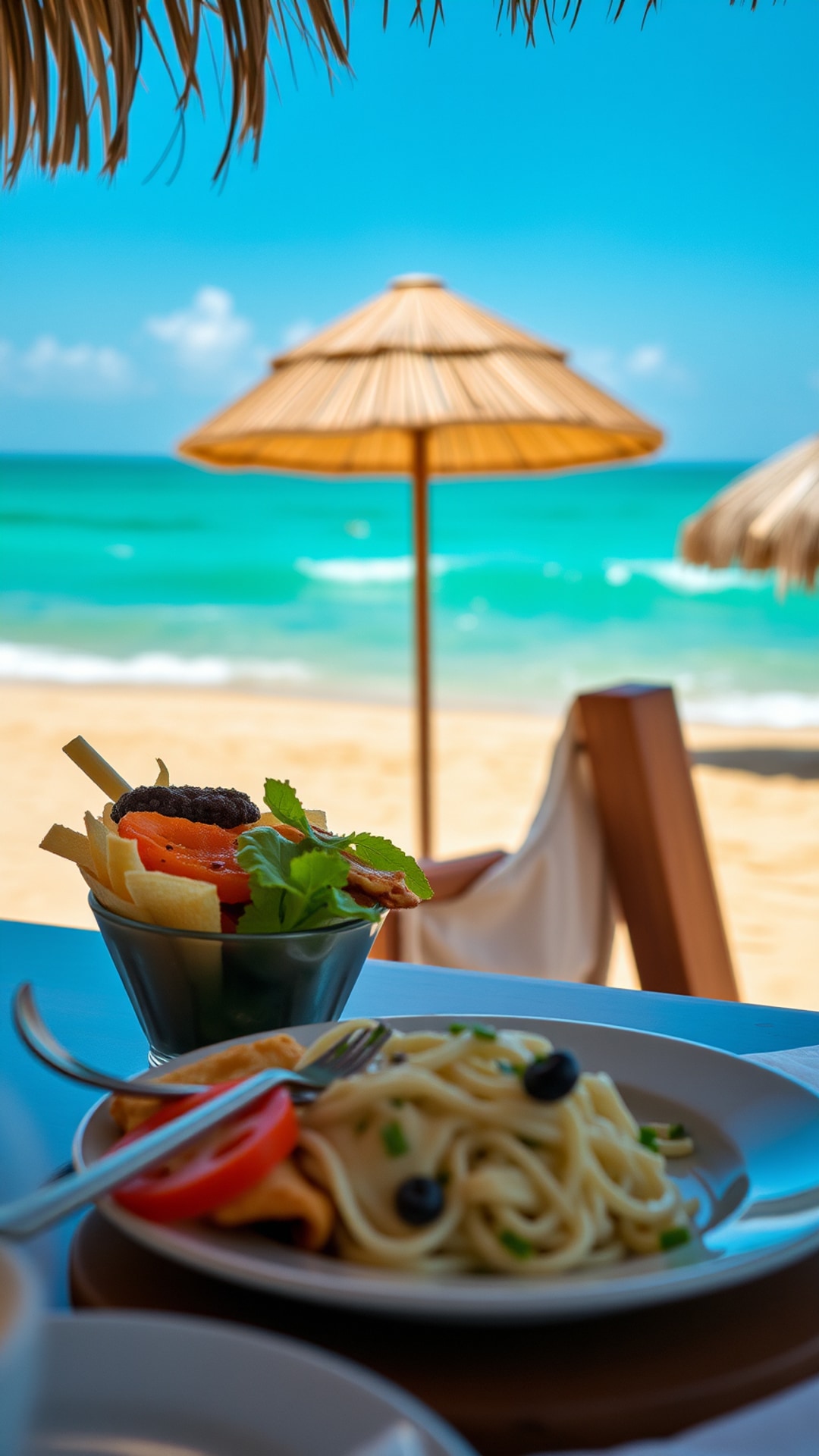 AI-generated food & drinks Snapchat photo featuring beach siting with food on table, 1080 by 1920 portrait