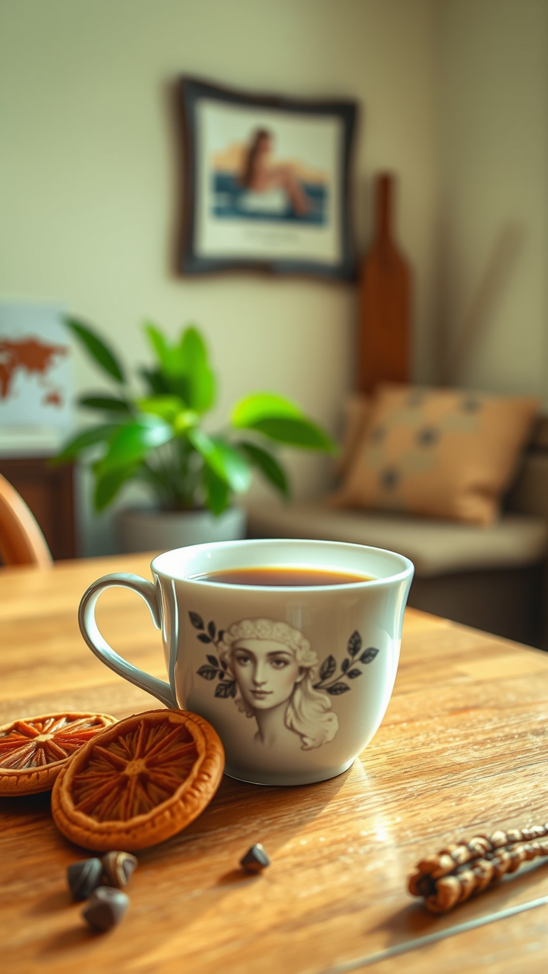 AI-generated chill / cozy Snapchat photo featuring tea, 1080 by 1920 portrait