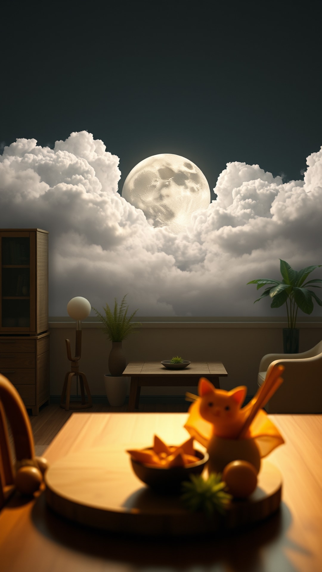 AI-generated chill / cozy Snapchat streak snap featuring Moon surrounded by clouds, 1080 by 1920 portrait