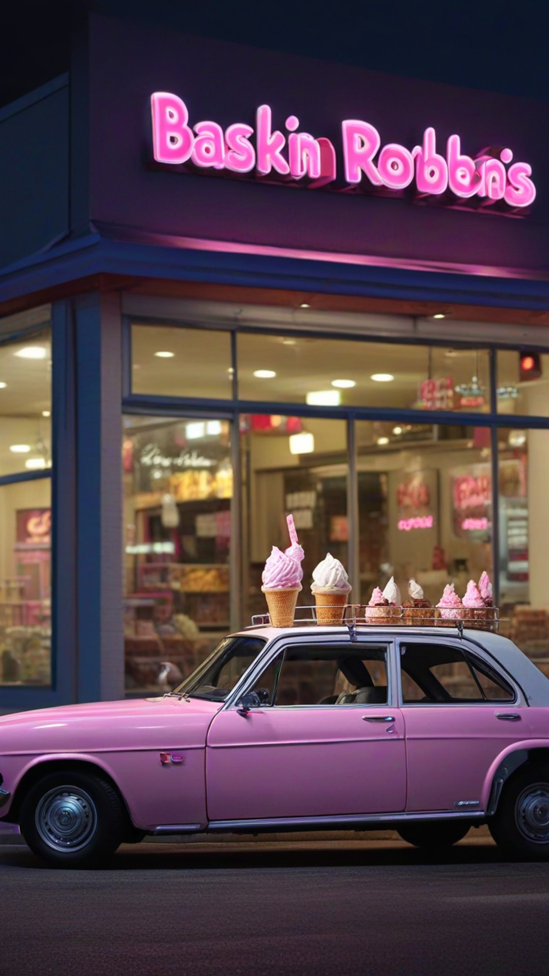 AI-generated night out Snapchat streak snap featuring Baskin robbin icecream in car in front of store in night, 1080 by 1920 portrait