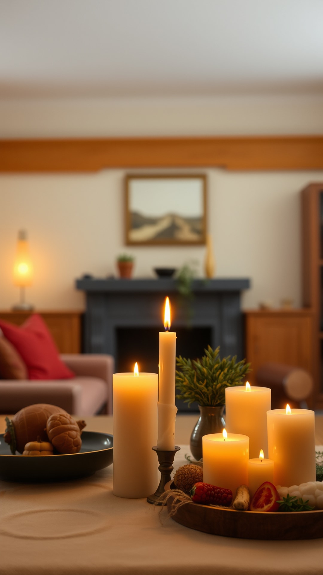 AI-generated chill / cozy Snapchat photo featuring candles, 1080 by 1920 portrait