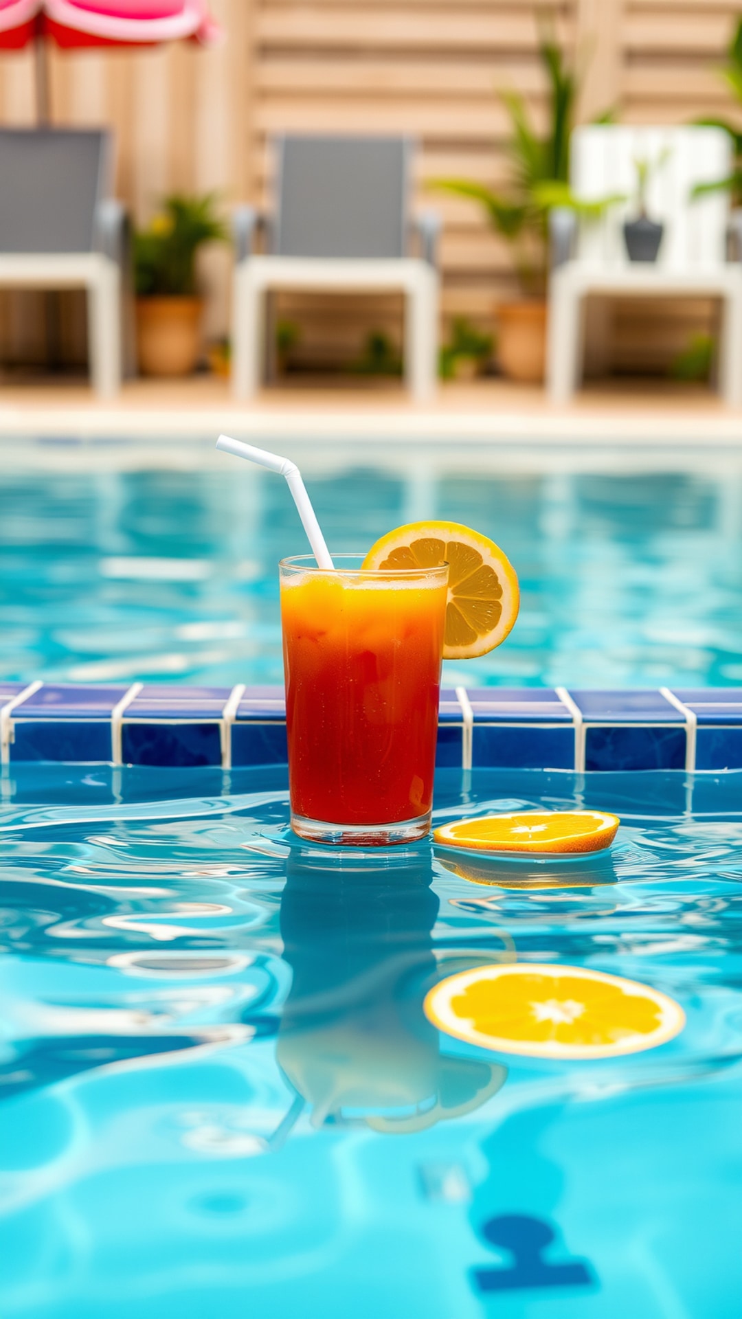 AI-generated funny Snapchat streak snap featuring drinking juice in the pool, 1080 by 1920 portrait