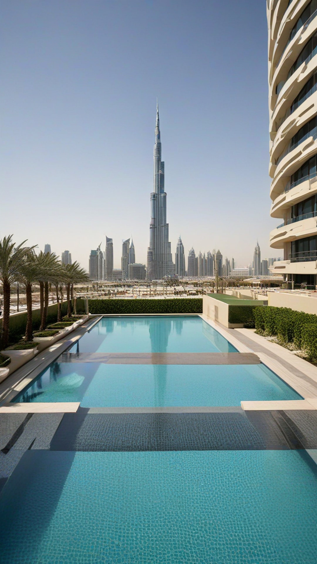 AI-generated travel Snapchat streak snap featuring hotel pool dubai burj khalifa, 1080 by 1920 portrait