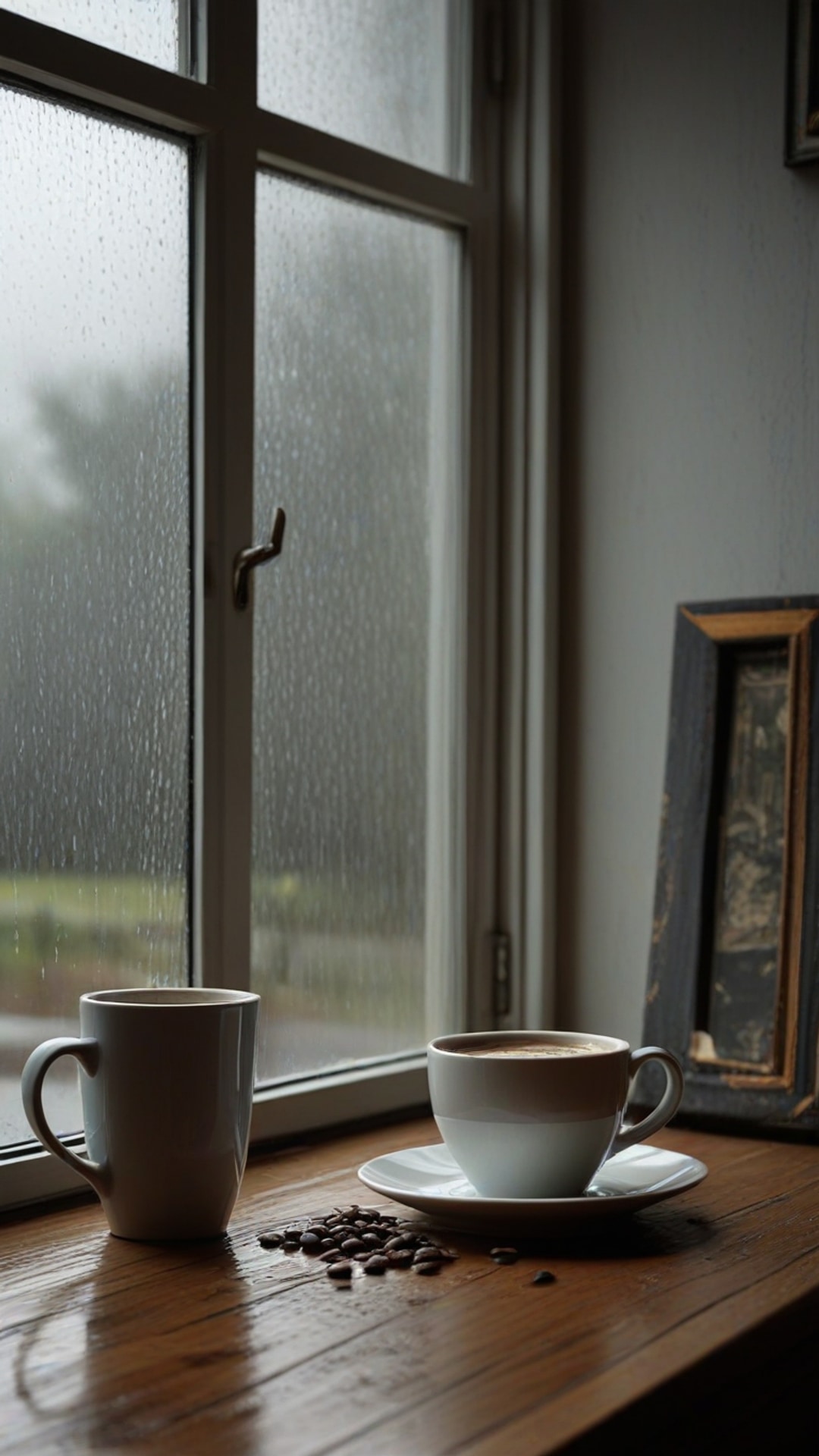 AI-generated chill / cozy Snapchat streak snap featuring rainy day , more European , add coffee, 1080 by 1920 portrait
