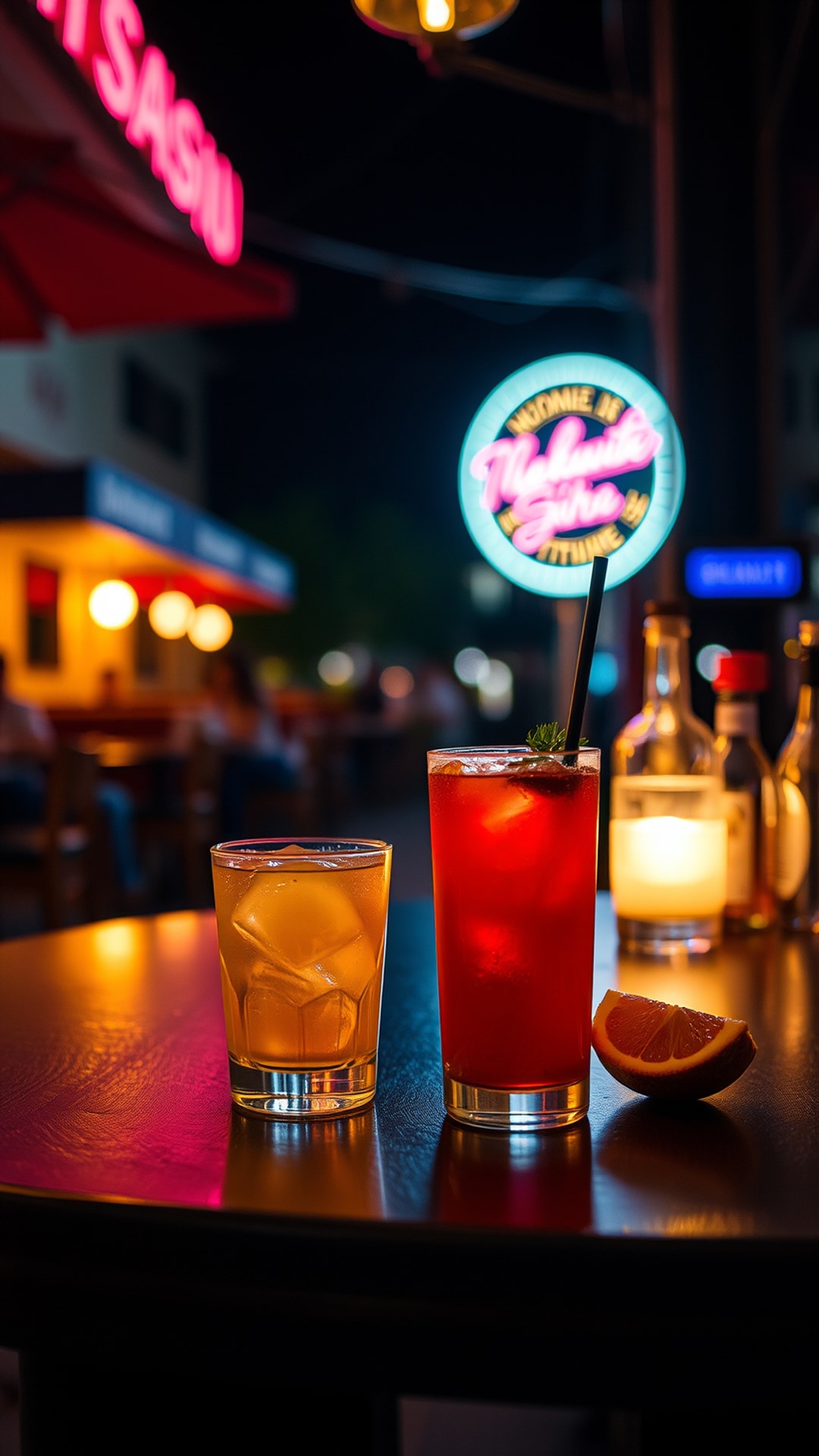 AI-generated night out Snapchat photo featuring cocktails, 1080 by 1920 portrait