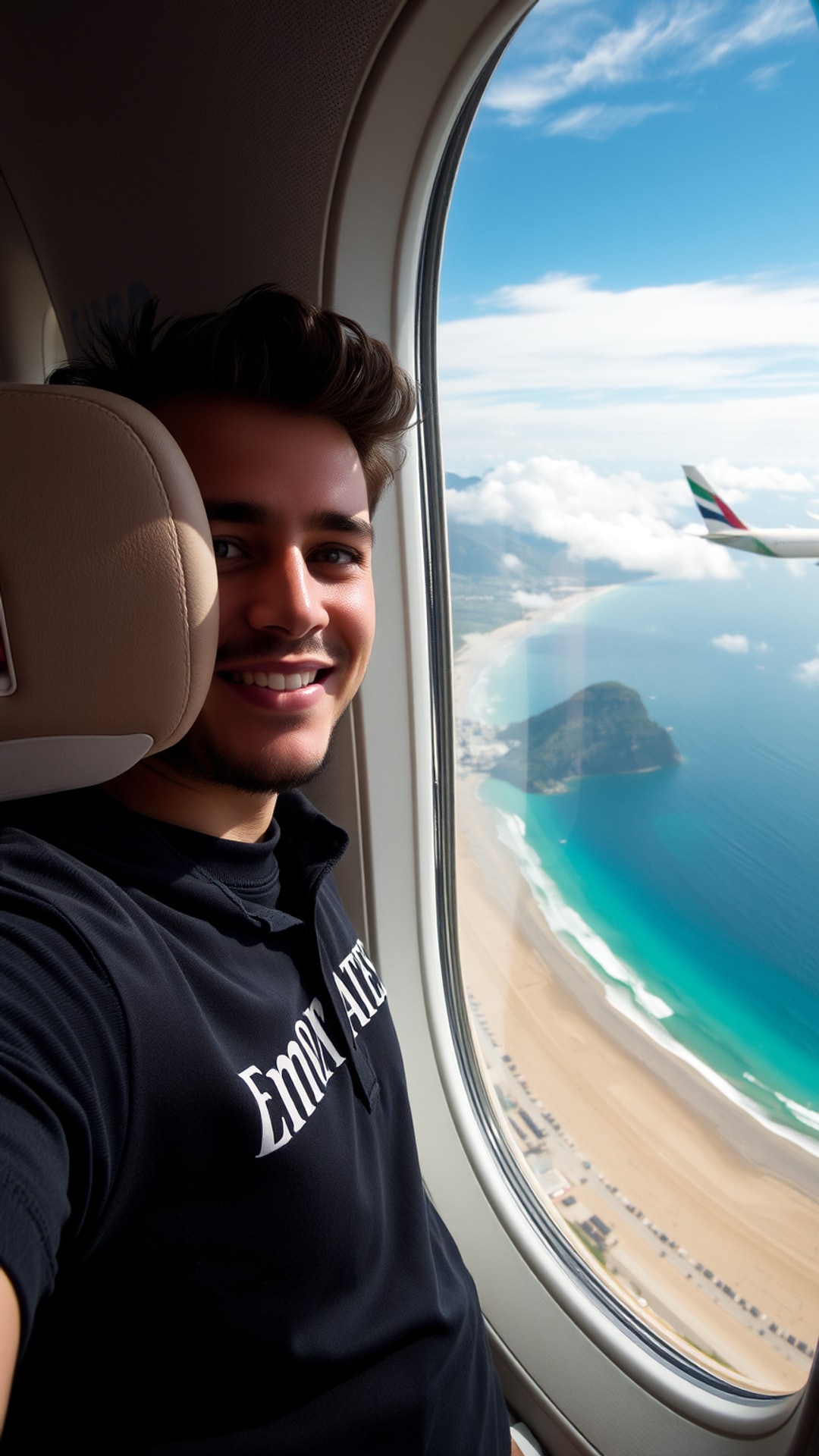 AI-generated travel Snapchat photo featuring emirates seats plane, 1080 by 1920 portrait