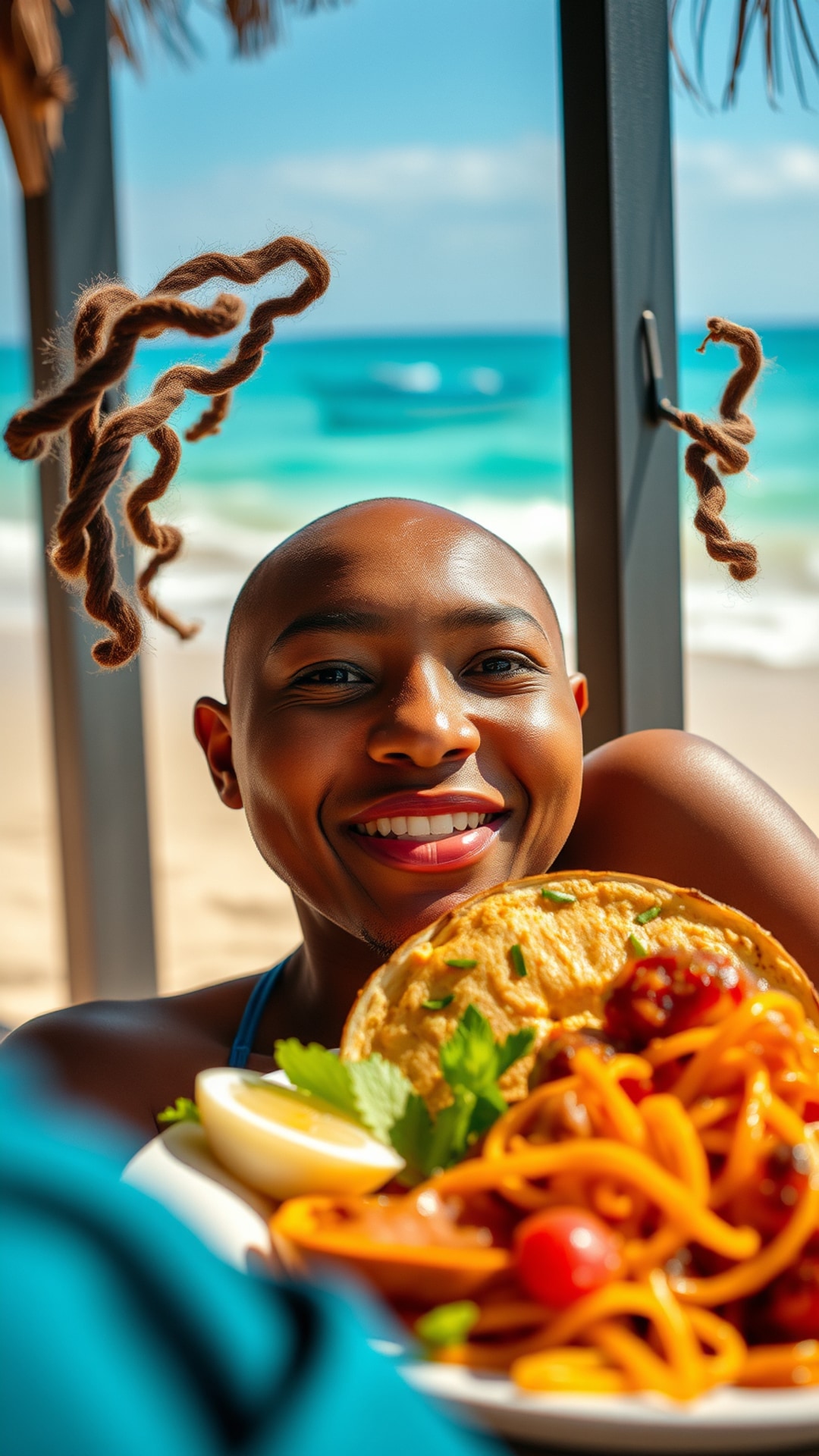 AI-generated food & drinks Snapchat photo featuring beach siting with food on table, 1080 by 1920 portrait