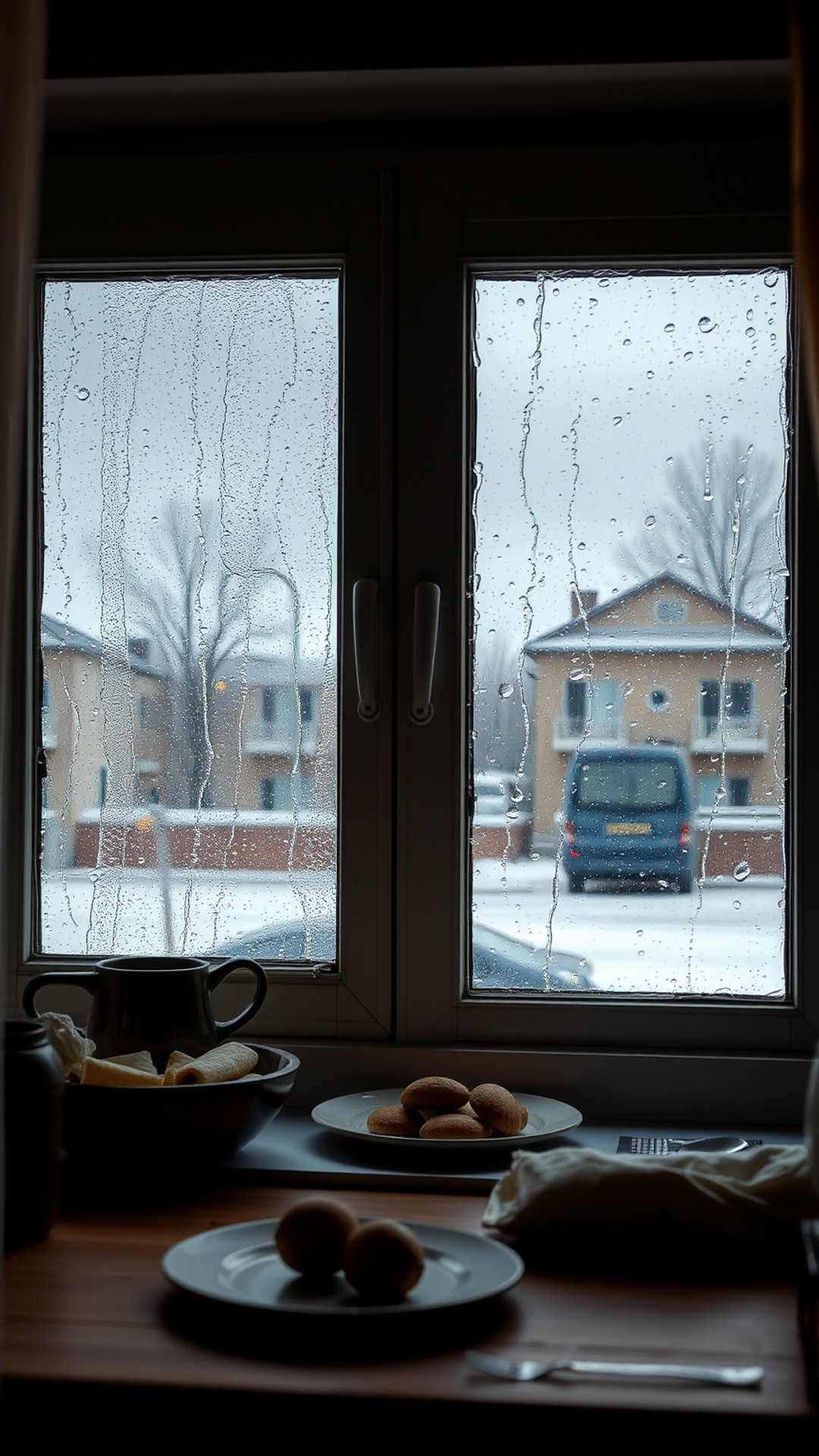 AI-generated chill / cozy Snapchat streak snap featuring rainy day, 1080 by 1920 portrait