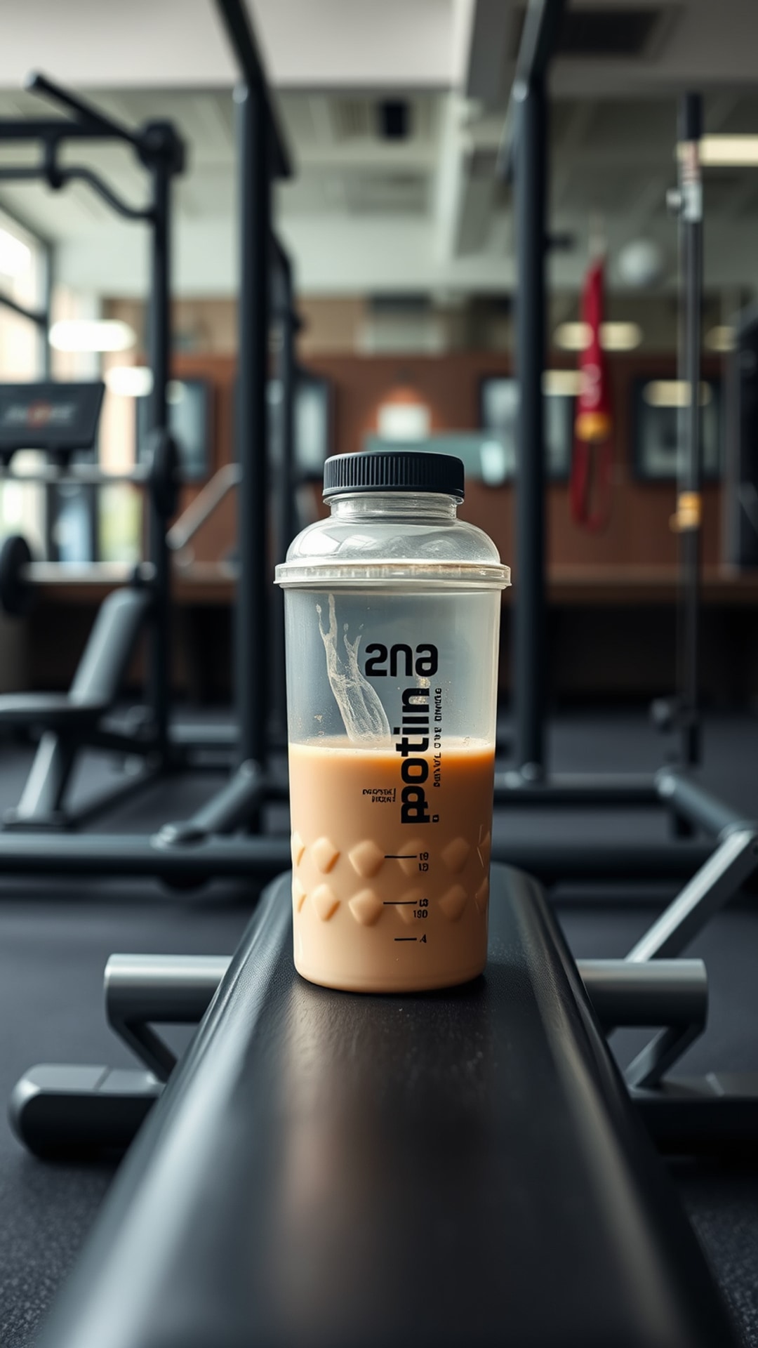 AI-generated gym Snapchat streak snap featuring protein shake, 1080 by 1920 portrait