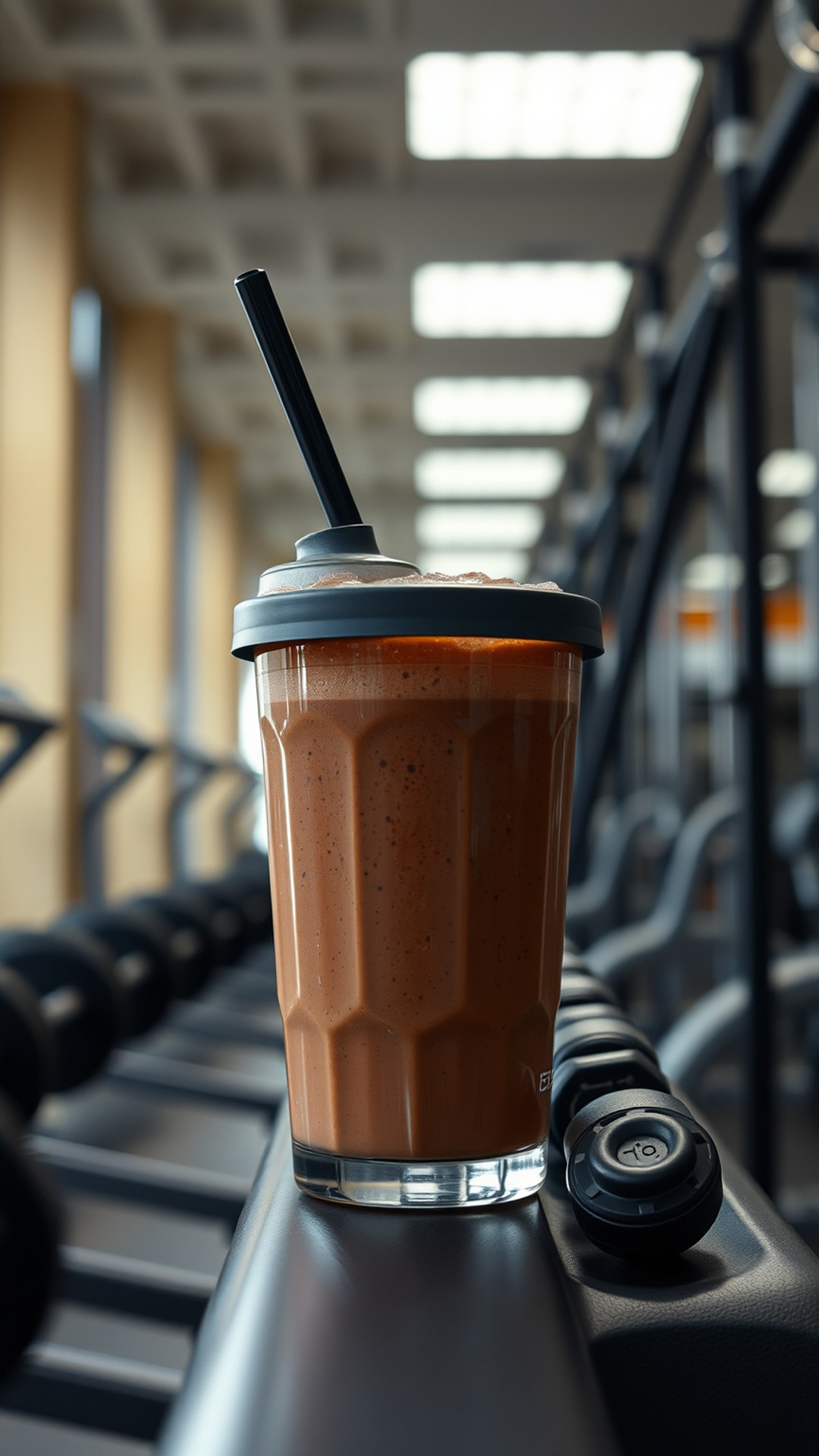 AI-generated gym Snapchat photo featuring protein shake, 1080 by 1920 portrait