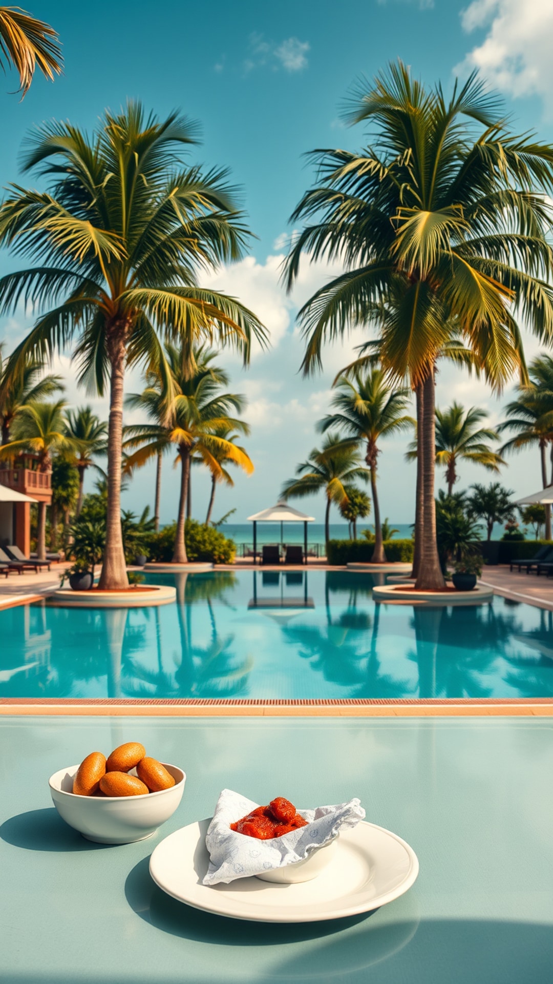 AI-generated travel Snapchat streak snap featuring hotel pool, 1080 by 1920 portrait