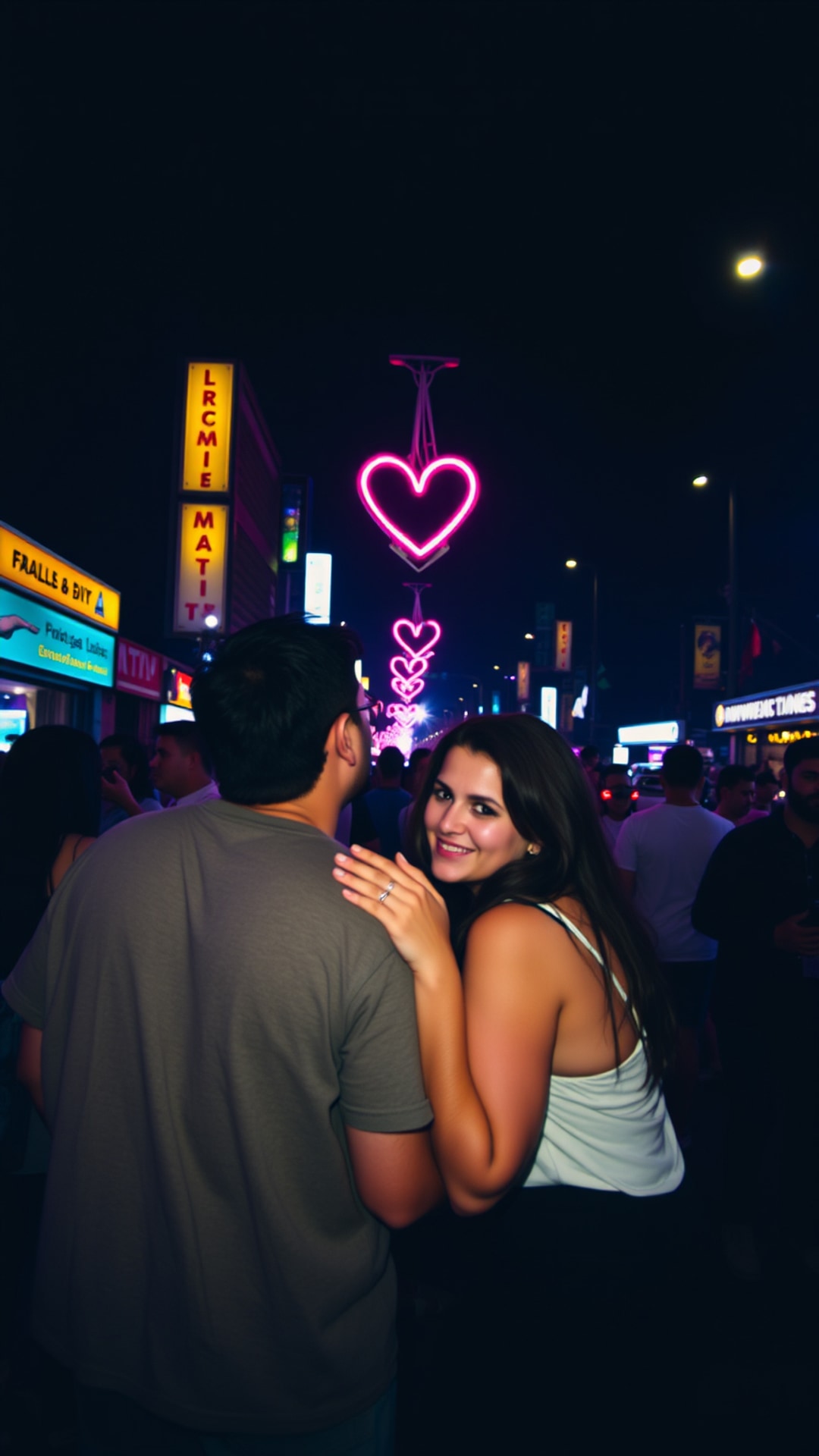 AI-generated night out Snapchat photo featuring love, 1080 by 1920 portrait