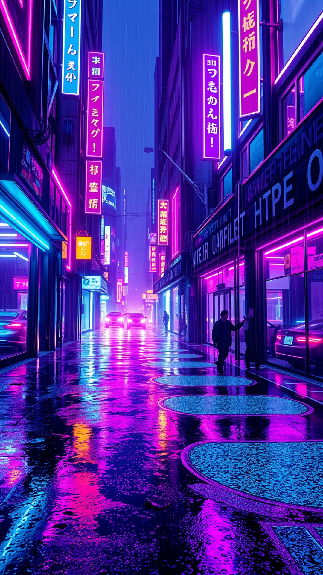 AI-generated cyberpunk phone wallpaper featuring neon alley
