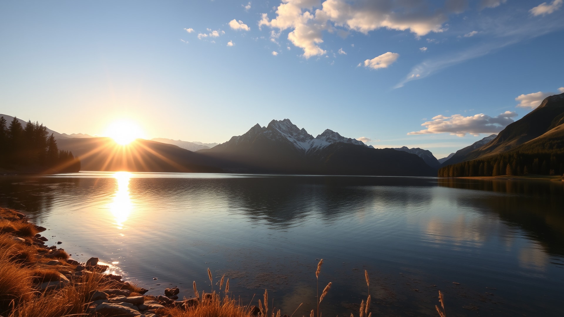 AI-generated nature desktop wallpaper featuring mountain lake sunrise