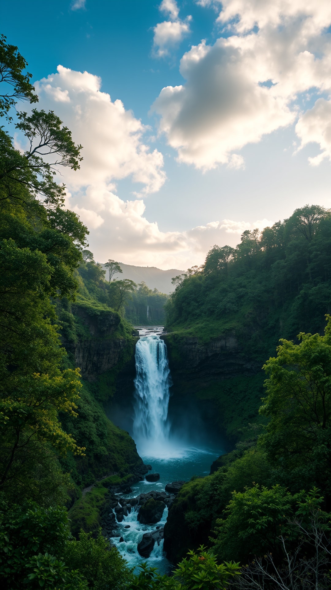 AI-generated nature phone wallpaper featuring waterfall