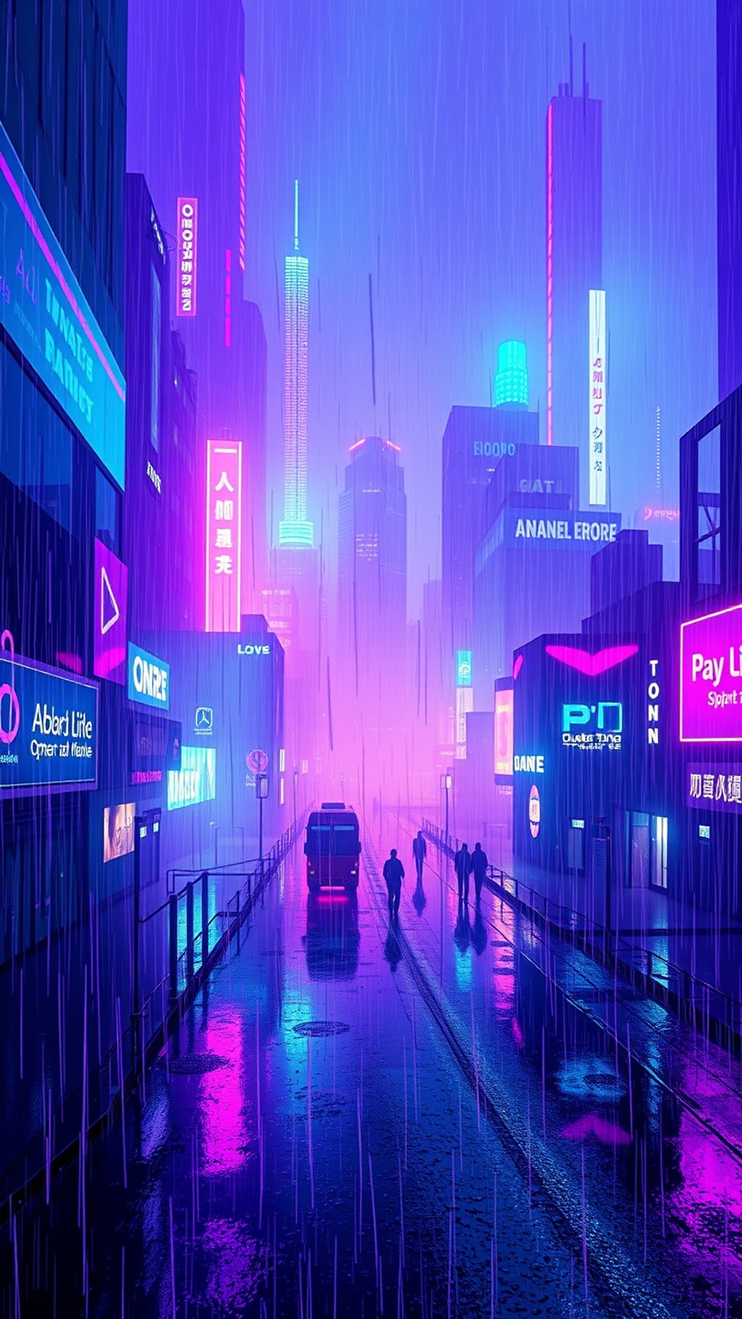 AI-generated cyberpunk phone wallpaper featuring purple haze