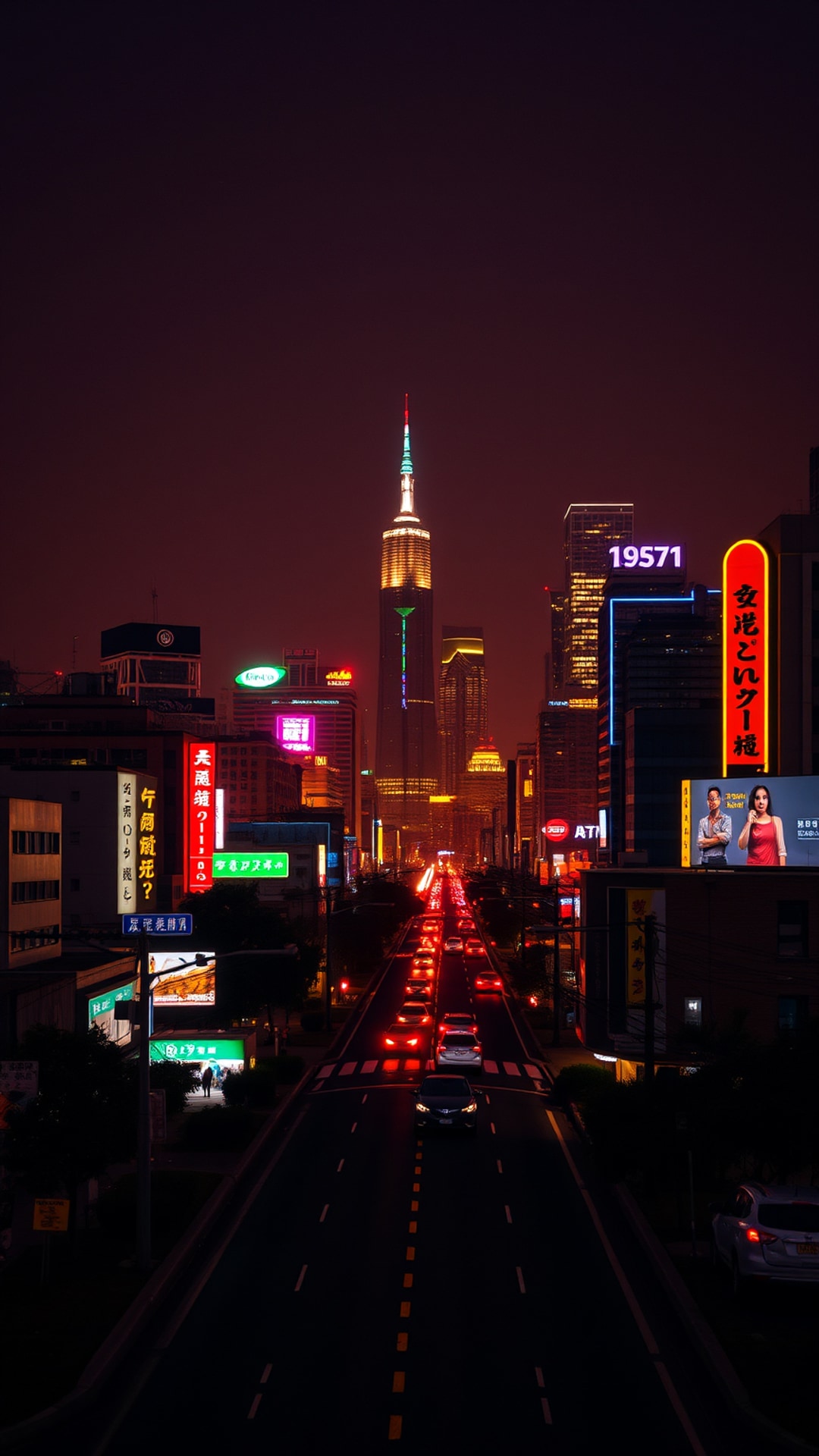 AI-generated city phone wallpaper featuring neon skyline