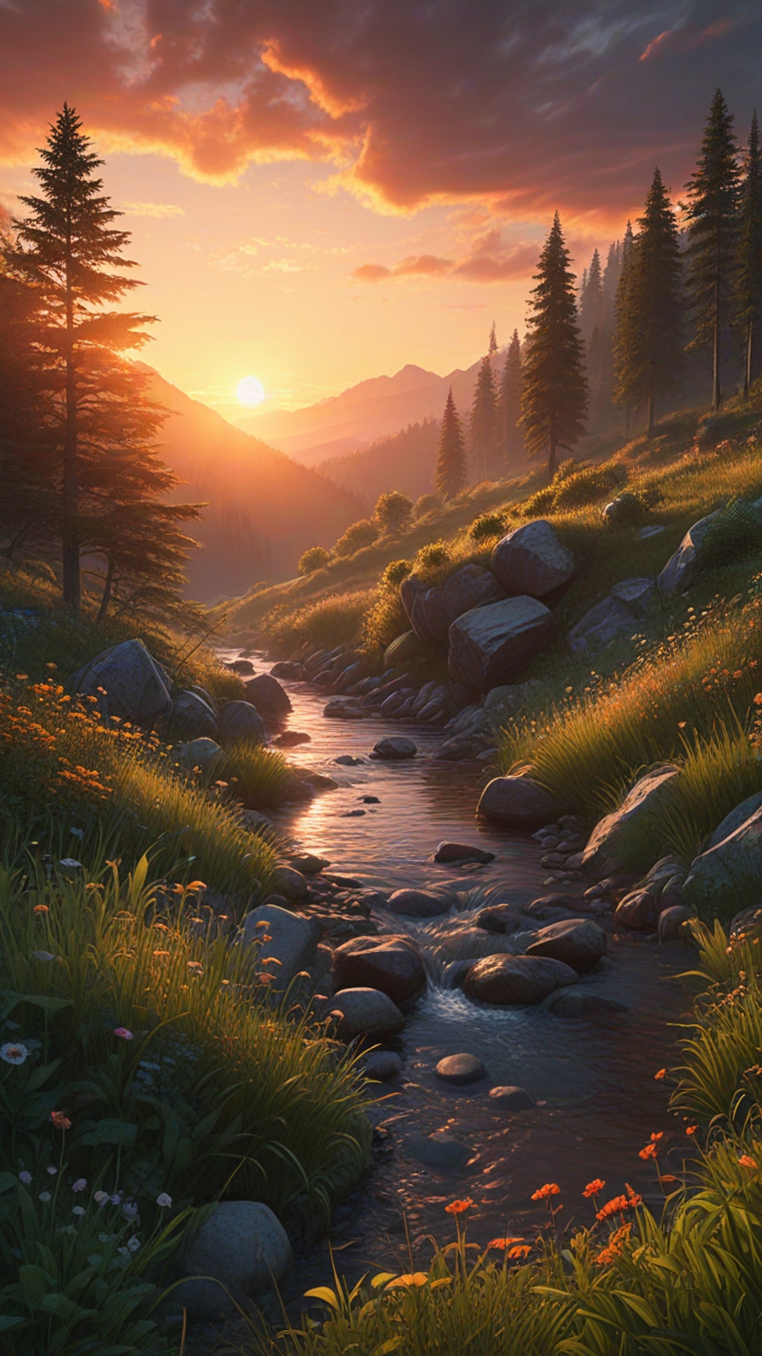 AI-generated nature wallpaper featuring sunset, 1080×1920 phone background