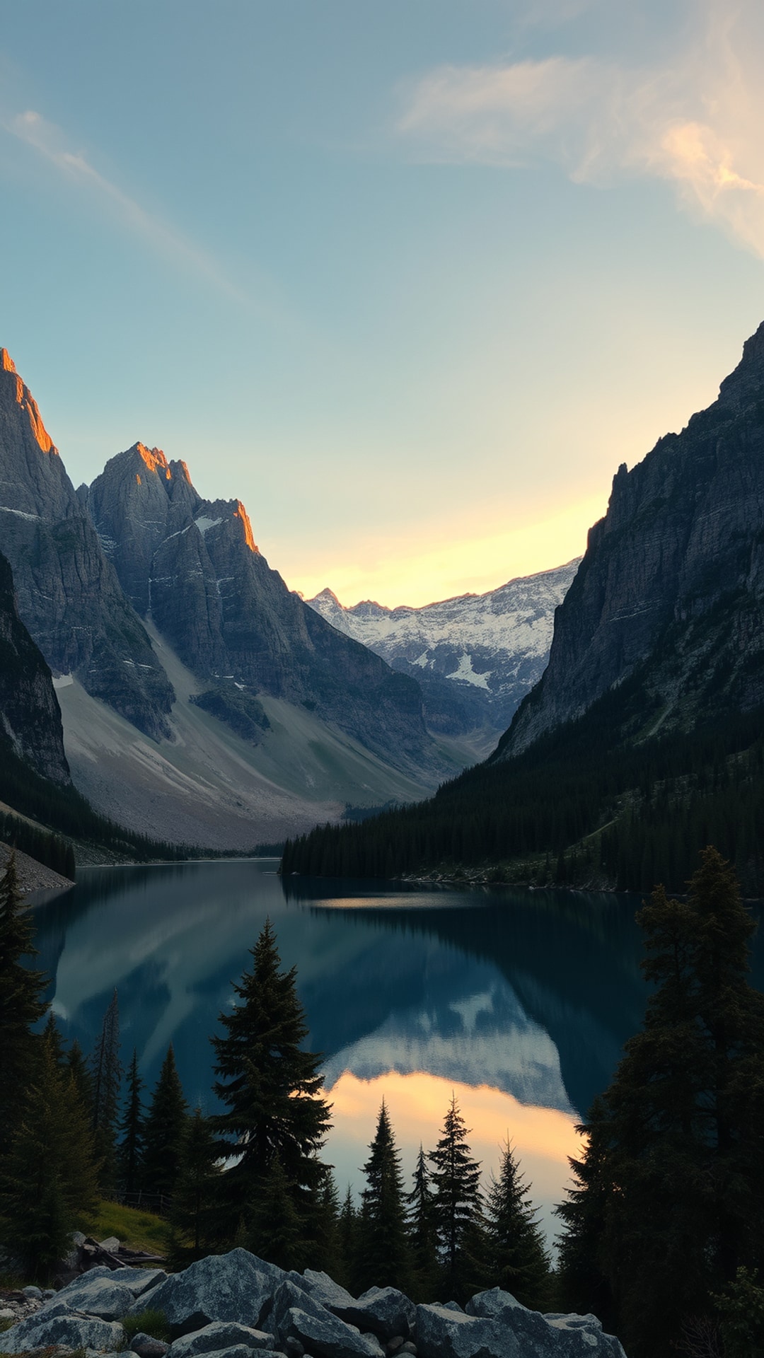 AI-generated mountains phone wallpaper featuring alpine lake