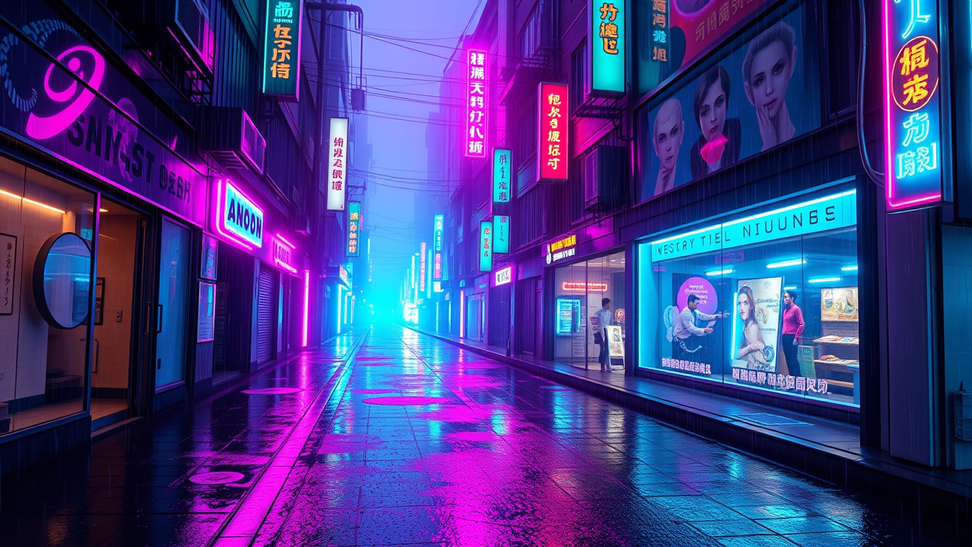 AI-generated cyberpunk desktop wallpaper featuring neon alley rain